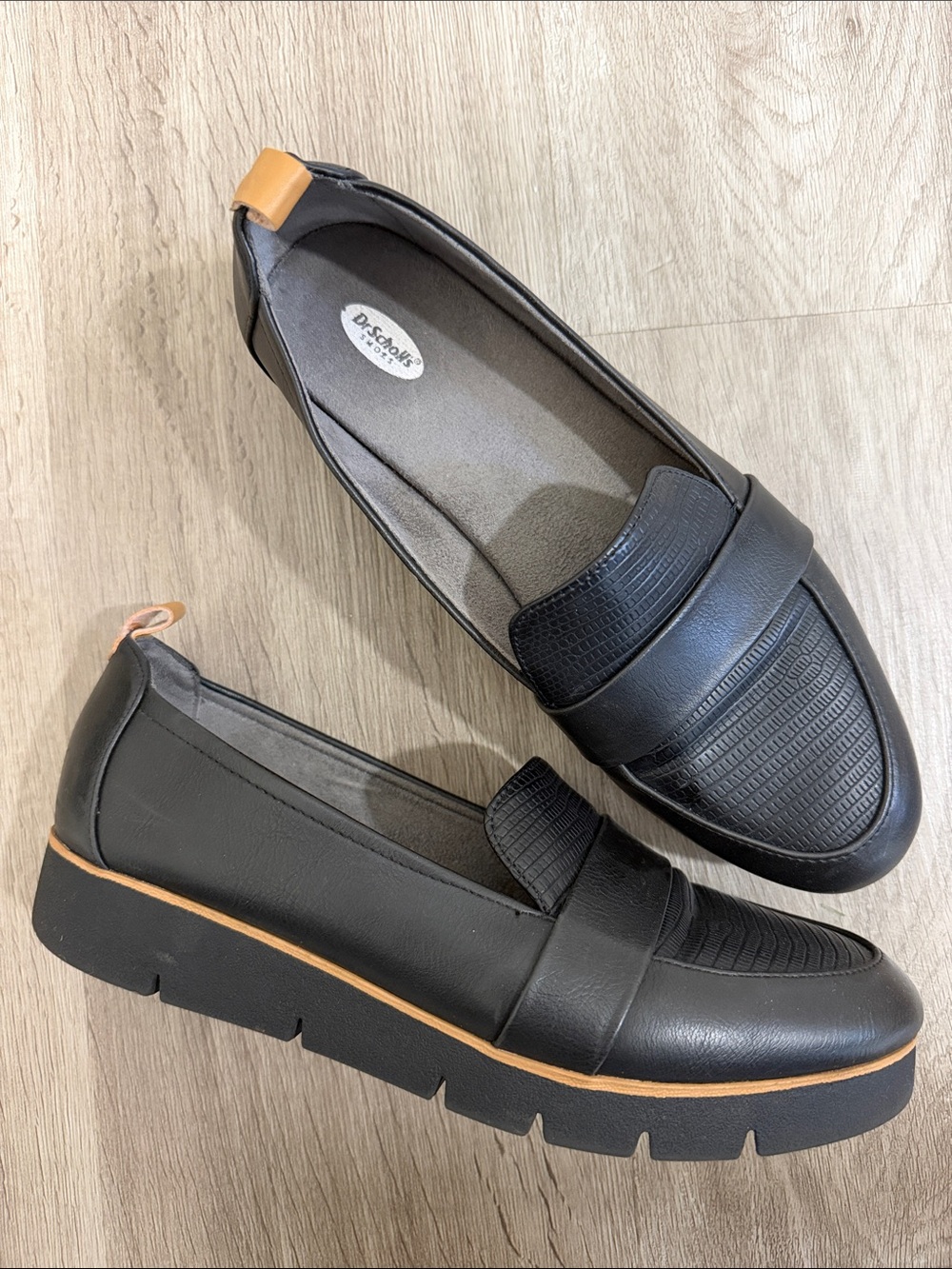 Dr. Scholl's Black Platform Loafers with Tan Trim